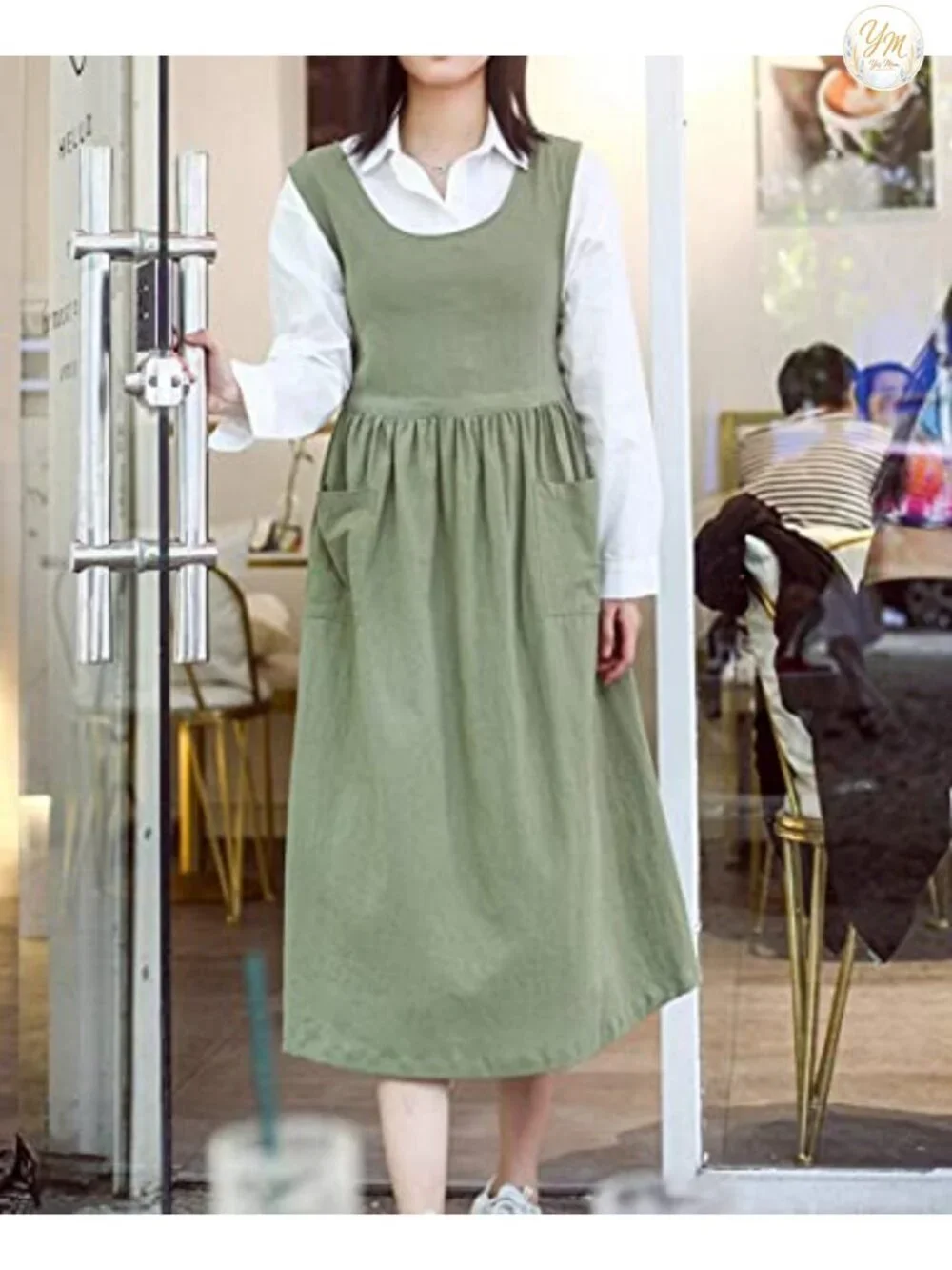 Cotton Linen Pleated Split Apron Pinafore Dress with Pockets